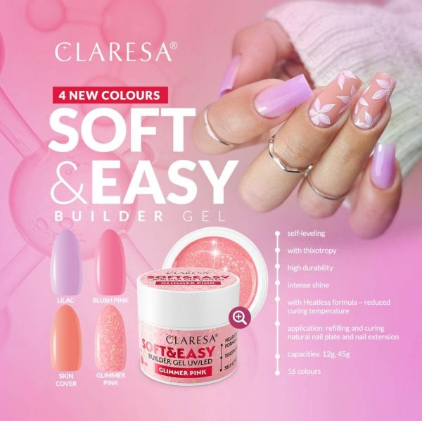 Claresa Soft & Easy builder gel Lilac, Blush Pink, Skin Cover, Glimmer Pink