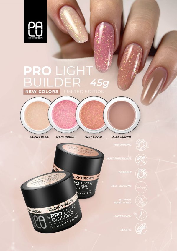 PALU Pro Light builder gels Glowy Beige, Fizzy Cover, Shiny Rouge, Milky Brown